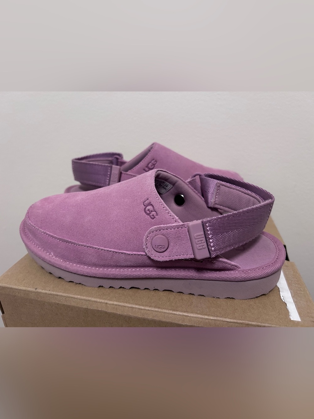 Brand new UGG Kids Lavender Suede Clog with Adjustable Strap